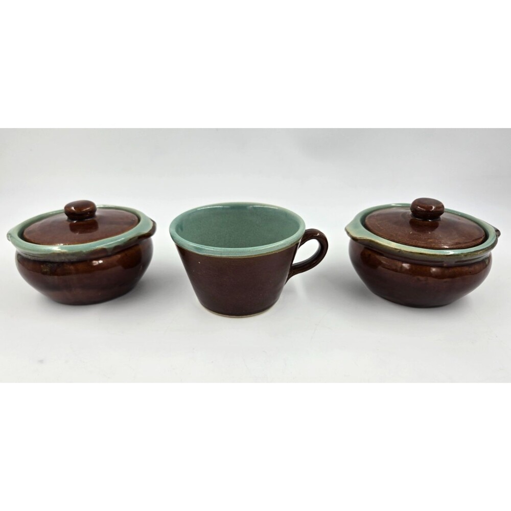 3 pcs Vintage Red Wing Pottery Brown & Green Ind Casserole & Mug - Red Wing USA